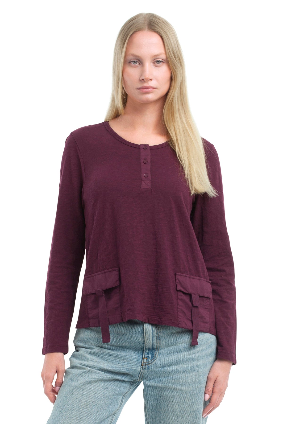 U Neck Button Placket Tee - Dark Fig / XS
