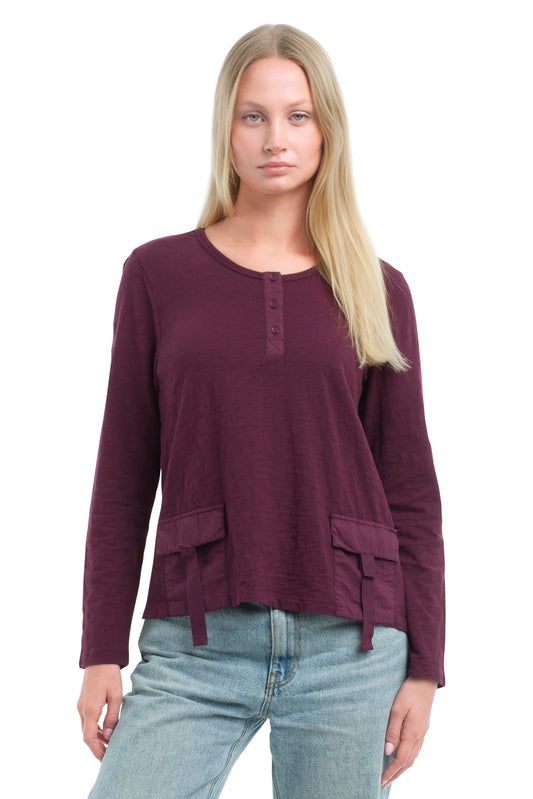 U Neck Button Placket Tee - Dark Fig / XS