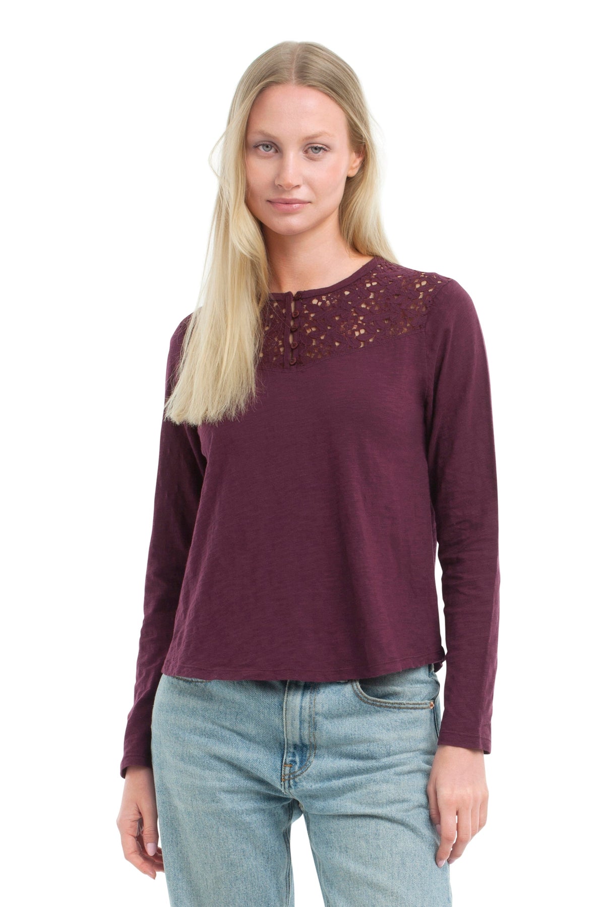 Lace Yoke Henley Tee - Dark Fig / XS