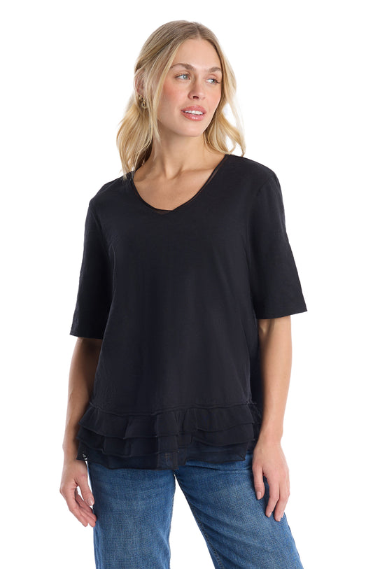 V-neck elbow sleeve mixed media - Black / XS