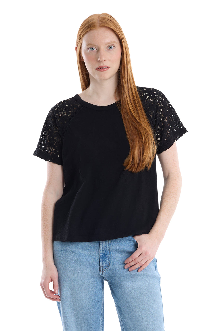 Lace raglan sleeve tee - Black / XS