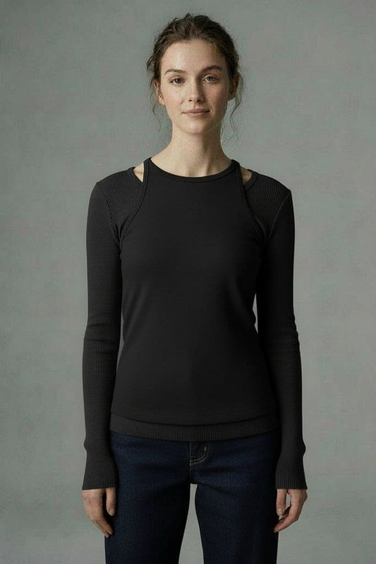 Twofer long sleeve halter tank - Black / XS