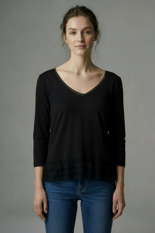 V-neck 3/4 sleeve mixed media tee with ruffle hem - Black / XS