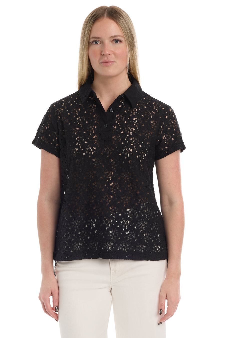 Short sleeve lace polo - Black / XS
