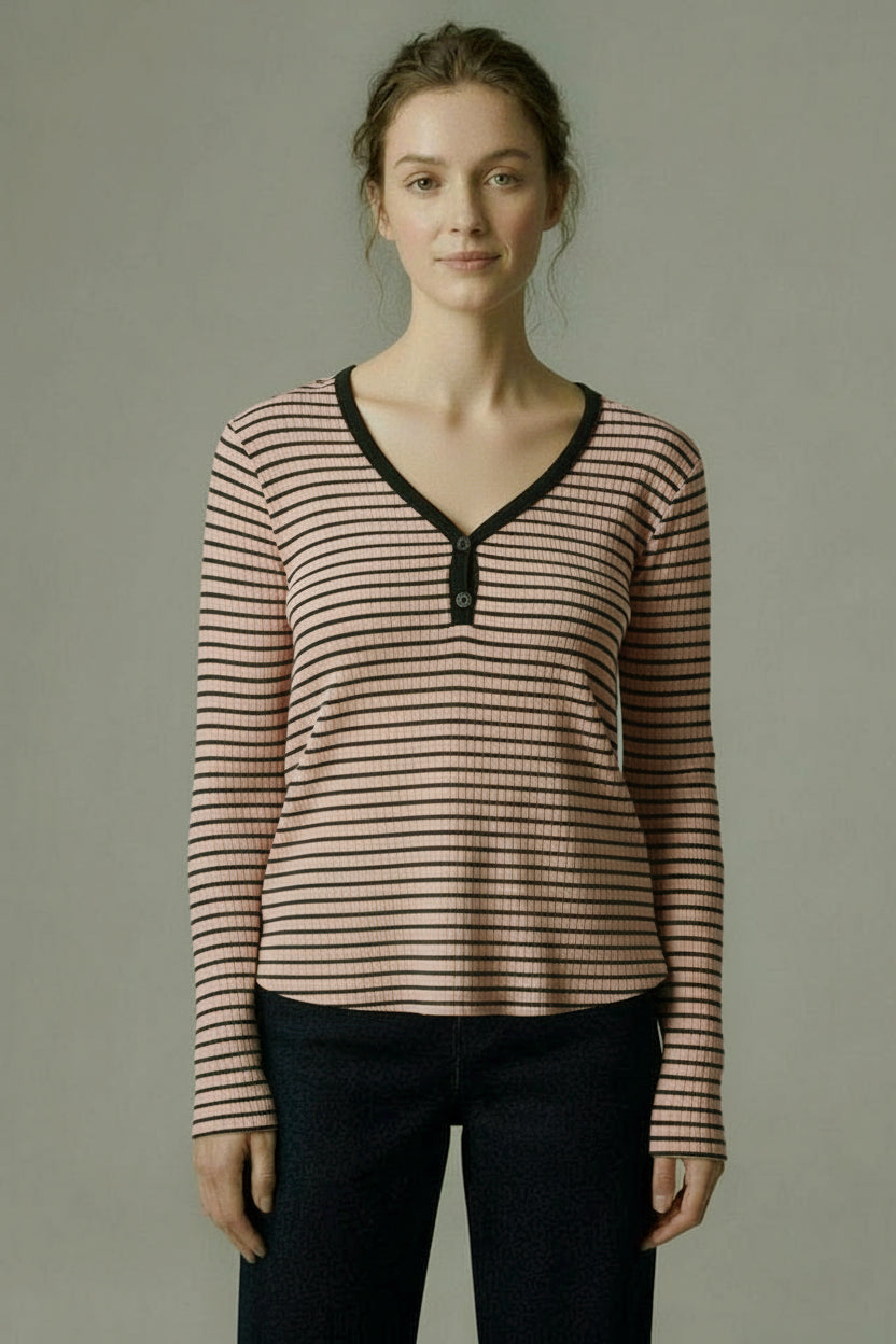 Long sleeve stripe henley - Chintz Rose/Black / XS