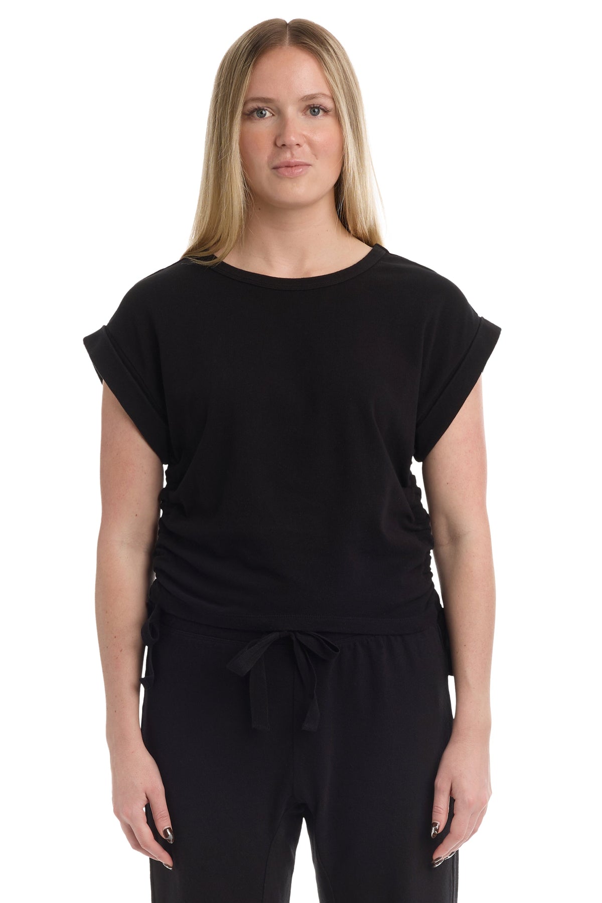 Round neck side drawstrings - Black / XS