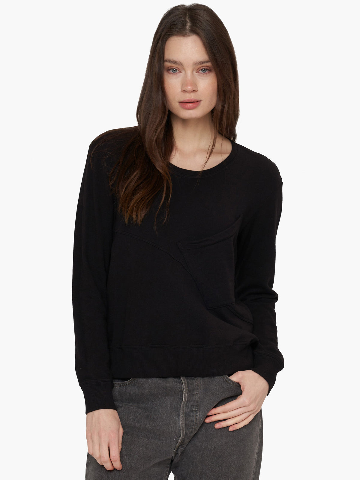 Seamed Pocket Sweatshirt - BLACK / XS