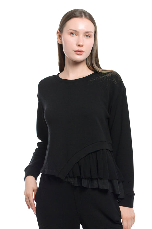 Round Neck Mix Media Sweatshirt - Black / XS