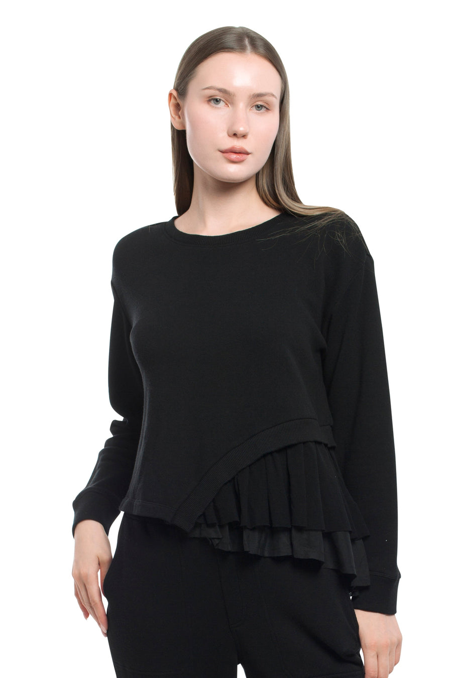Round Neck Mix Media Sweatshirt - Black / XS