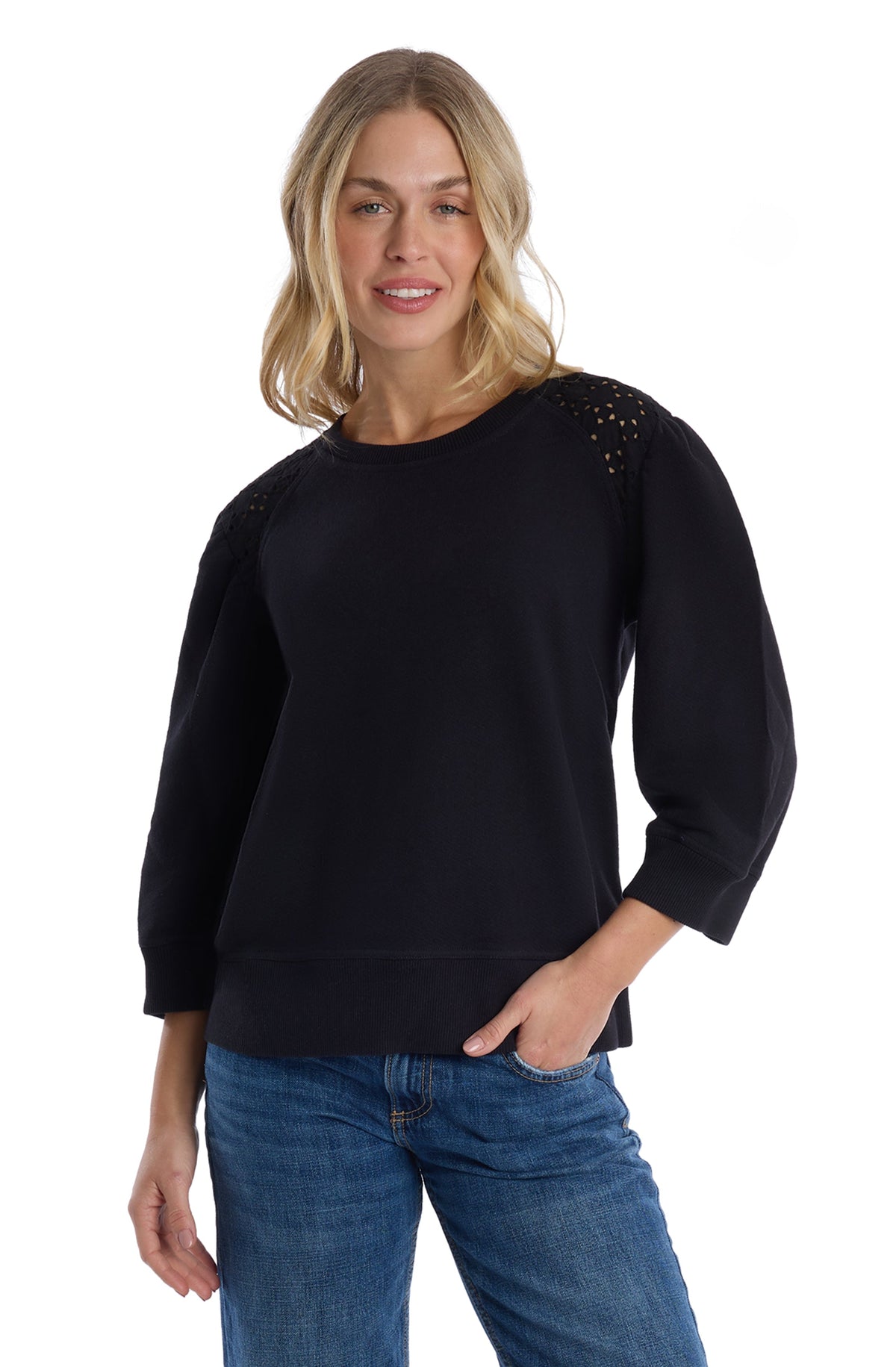 3/4 sleeve with eyelet mix - Black / XS