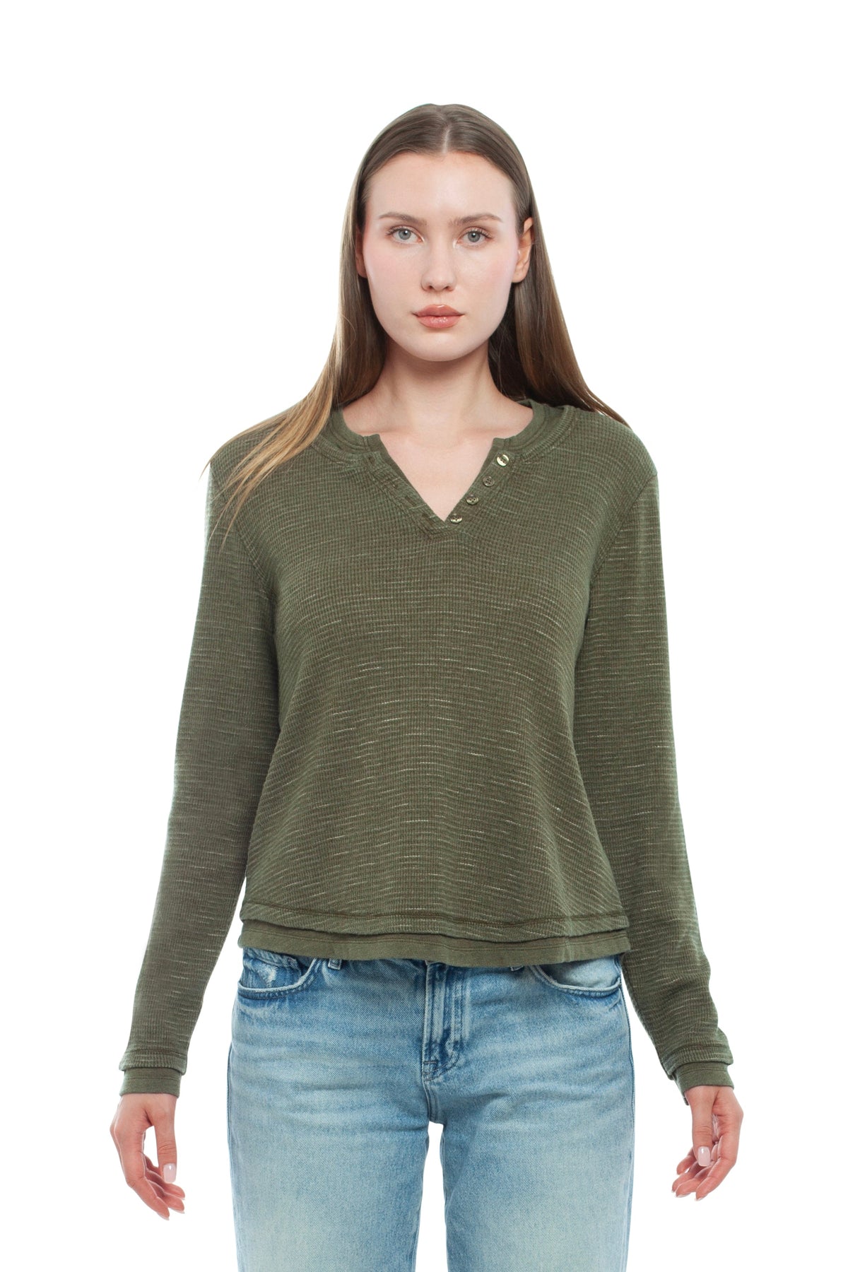 Long Sleeve Henley Mock Tee - Dark Olive / XS