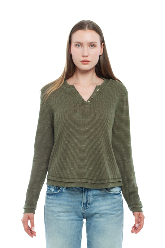 Long Sleeve Henley Mock Tee - Dark Olive / XS