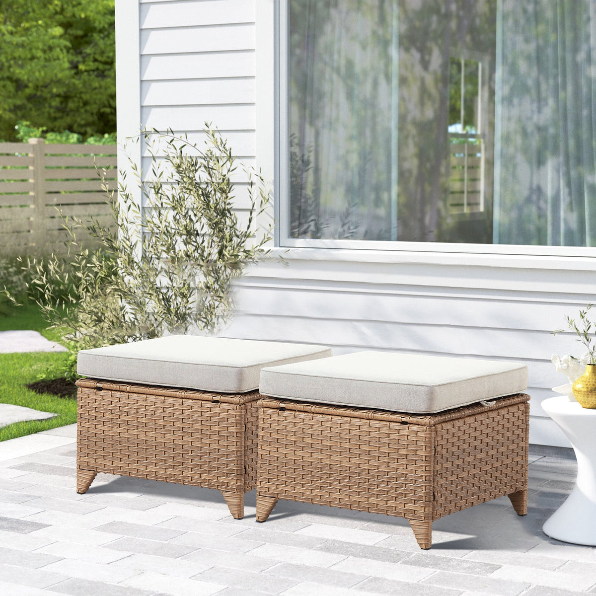 2 Pieces Patio Wicker Ottoman Set Side Table Use, NTC Series - Yellow Wicker / Beige Cushion