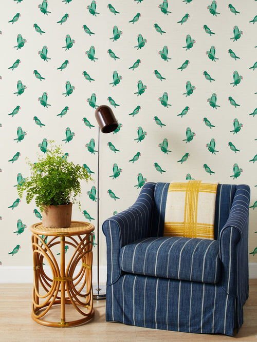 'Alexandrine Parakeet Small' Grasscloth Wallpaper by Tea Collection - Grasscloth Roll