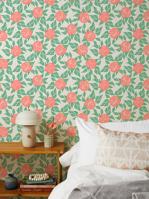 'Groovy Floral' Grasscloth Wallpaper by Barbie™ - Watermelon - Grasscloth Roll - Sample