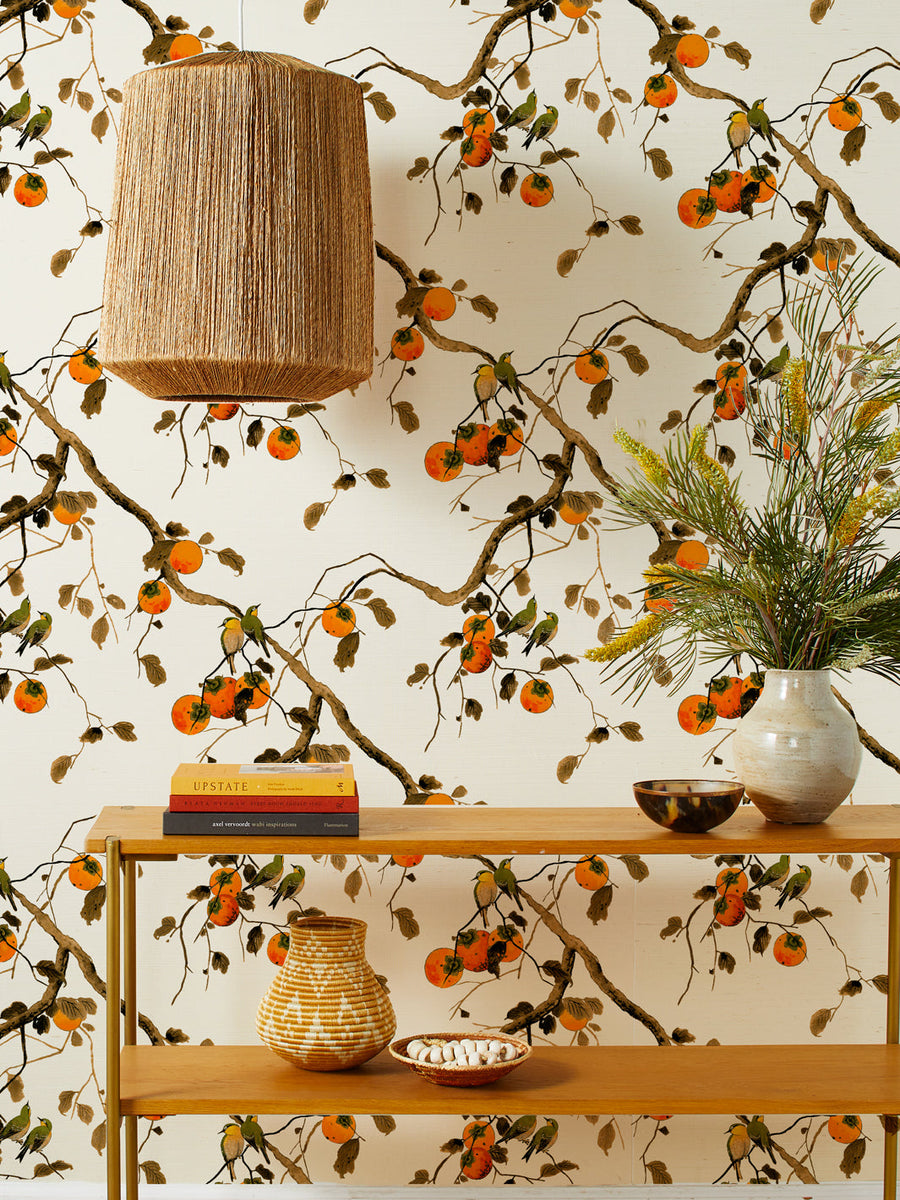 'Persimmon Birds' Grasscloth Wallpaper by Nathan Turner - Persimmon - Grasscloth Roll - Sample