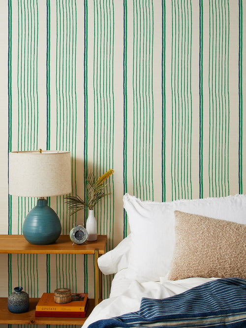 'Two Tone Stripe' Grasscloth Wallpaper by Nathan Turner - Green Blue - Grasscloth Roll - Sample