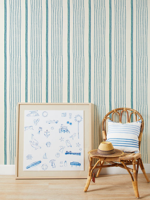 'Two Tone Stripe' Grasscloth Wallpaper by Nathan Turner - Sea Green Blue - Grasscloth Roll