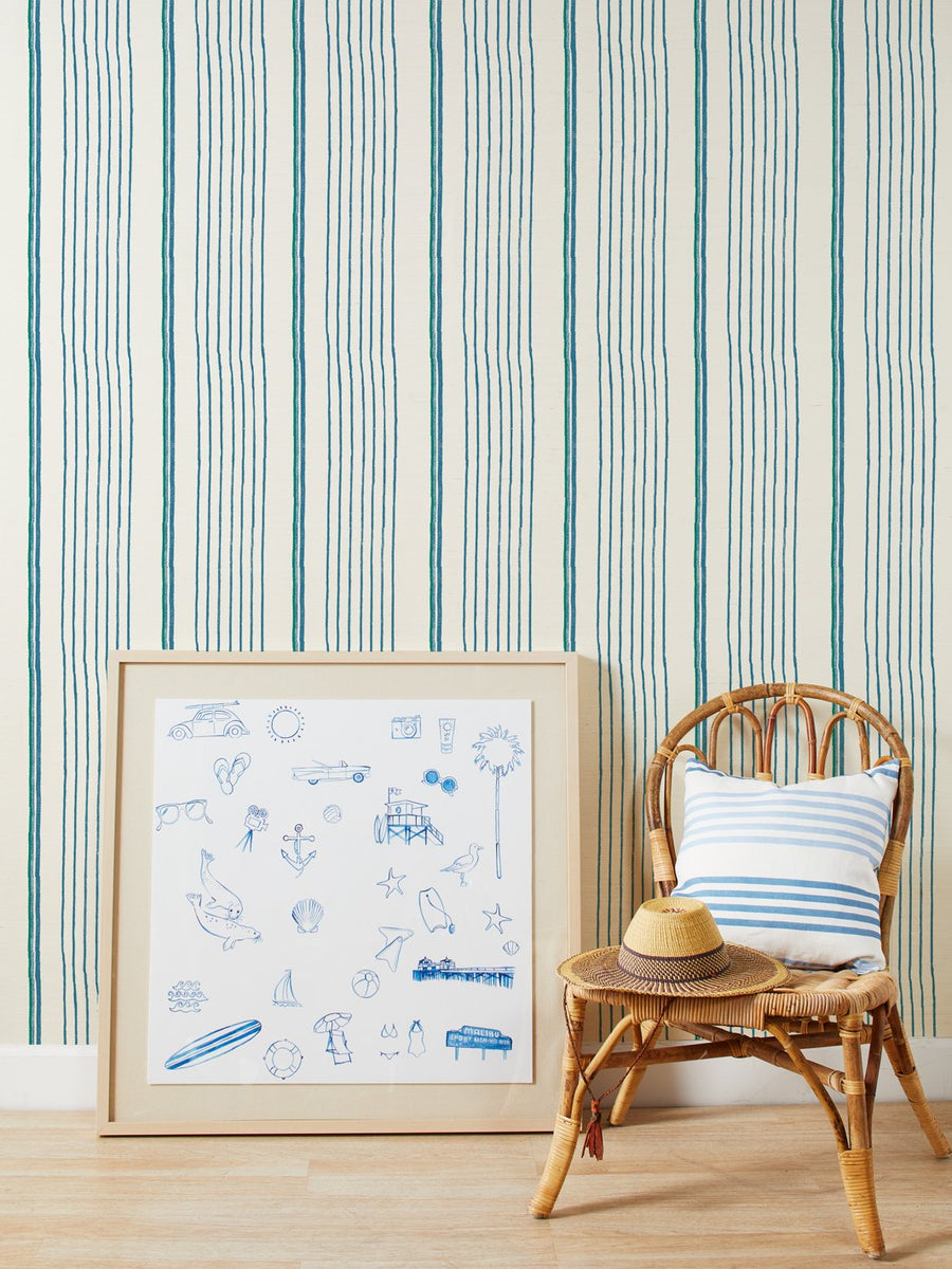 'Two Tone Stripe' Grasscloth Wallpaper by Nathan Turner - Sea Green Blue - Grasscloth Roll