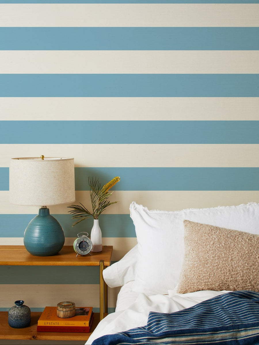 'Wide Stripe' Grasscloth Wallpaper by Wallshoppe - Cornflower - Grasscloth Roll