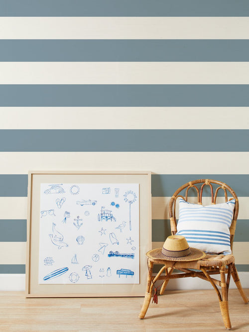 'Wide Stripe' Grasscloth Wallpaper by Wallshoppe - French Blue - Grasscloth Roll - Sample
