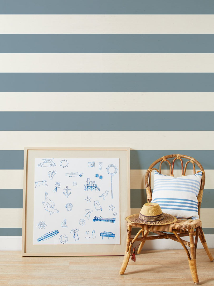 'Wide Stripe' Grasscloth Wallpaper by Wallshoppe - French Blue - Grasscloth Roll - Sample