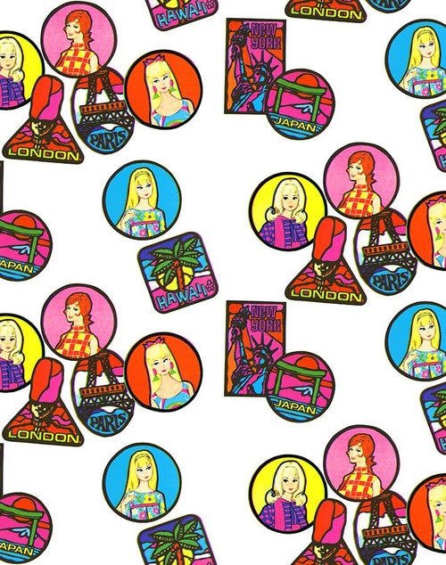 'Travel Patches' Wallpaper by Barbie™ - White - Removable Panel