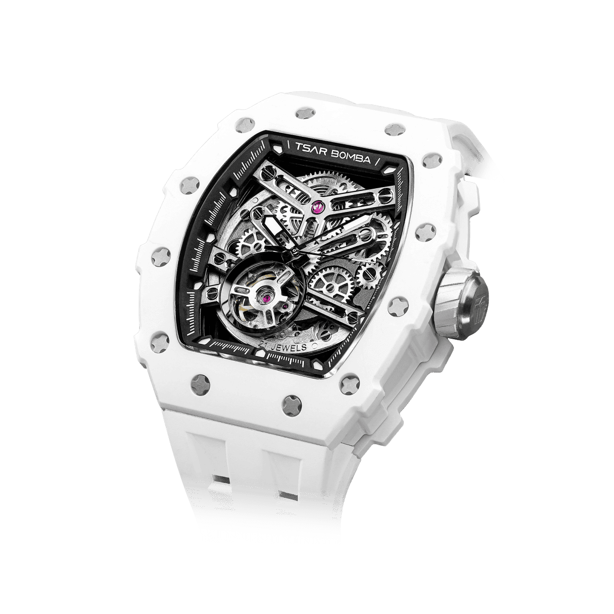 TSAR BOMBA Elemental TB8208C Keramik Automatik Skelett Tonneau Unique masculino Uhr-Keramik Lünette-Tourbillon Visible at 7 O'Clock-Weiß Schwarz