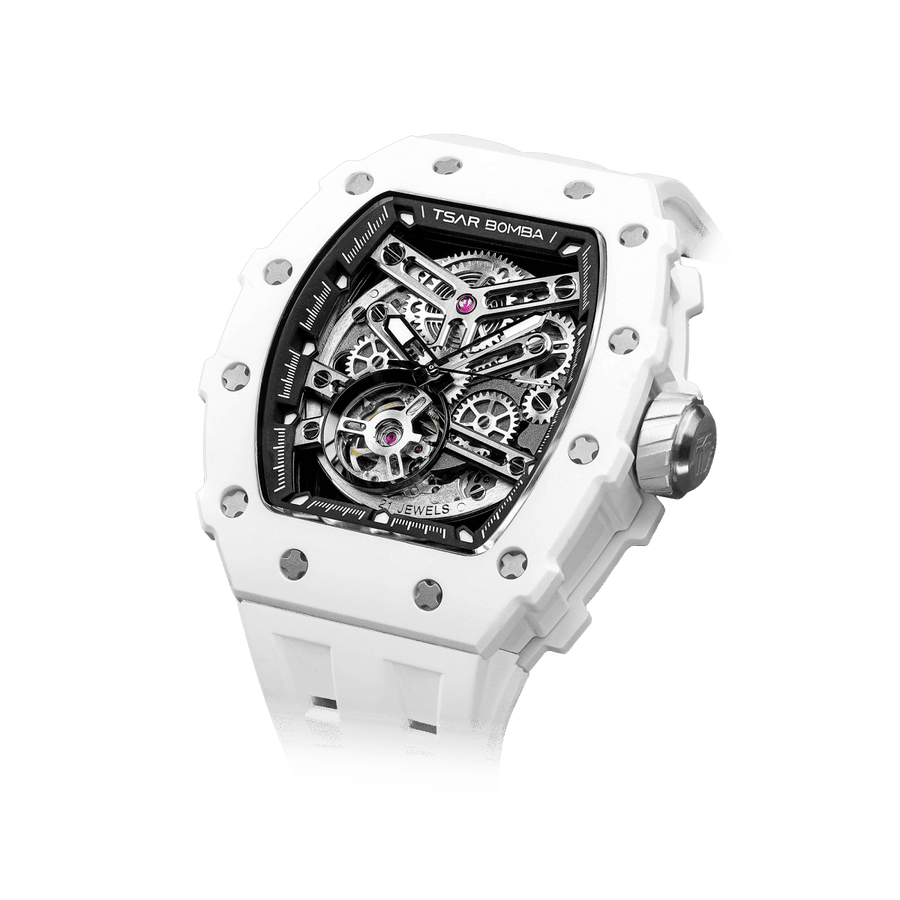 TSAR BOMBA Elemental TB8208C Keramik Automatik Skelett Tonneau Unique masculino Uhr-Keramik Lünette-Tourbillon Visible at 7 O'Clock-Weiß Schwarz