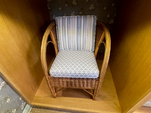 EHI - Furniture - Antique Wicker Chair with Seat Cushion in Medallion All Over Blue and Back Cushion in Stuart Stripe Blue
