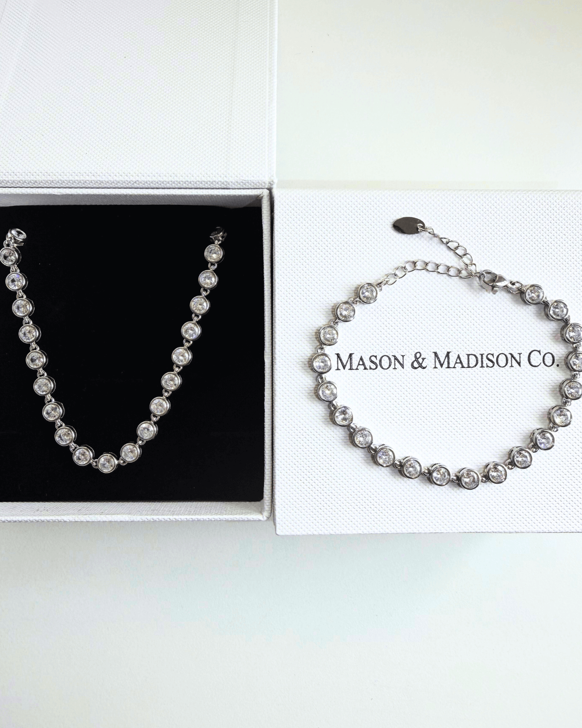 Silver Diamond Tennis Chain Necklace Bracelet Bundle Set