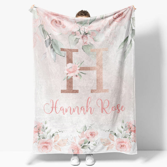 Aperturee Personalized Monogram Blanket for Girl, Custom Initial H, Pink Rose Floral Nursery Decor Swaddle