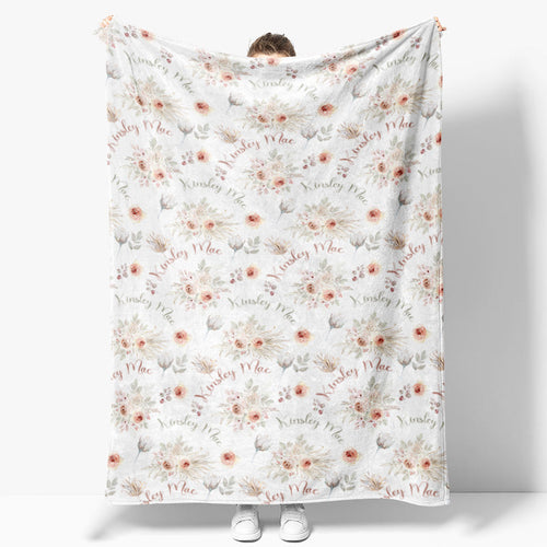 Aperturee Personalized Baby Blanket with Name Boho Pink Floral Rose Pattern Swaddle Custom Girl Nursery Bedding Gift