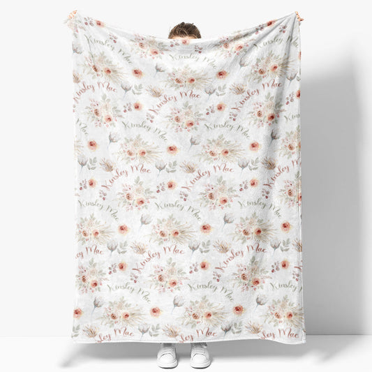 Aperturee Personalized Baby Blanket with Name Boho Pink Floral Rose Pattern Swaddle Custom Girl Nursery Bedding Gift