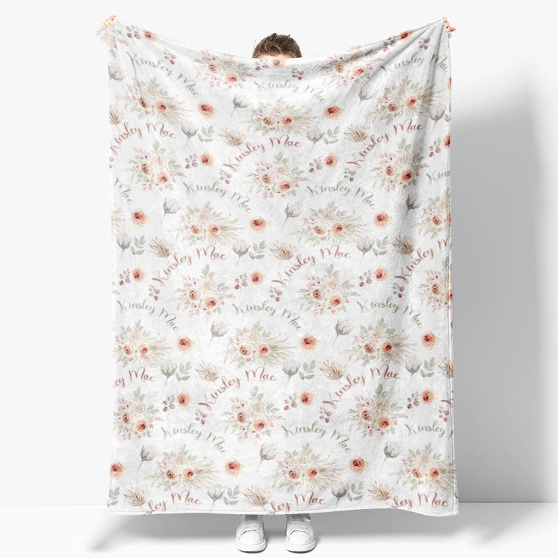 Aperturee Personalized Baby Blanket with Name Boho Pink Floral Rose Pattern Swaddle Custom Girl Nursery Bedding Gift