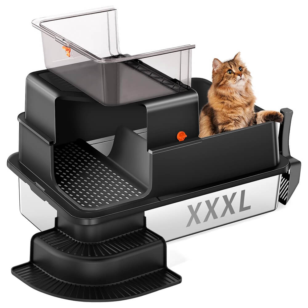 XXXL Black Fully Enclosed Stainless Steel Litter Box with Step - Black / 28"x20"x18"