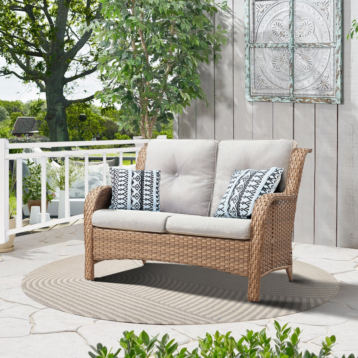 Outdoor Patio Furniture Wicker Loveseat Sofa, NTC Series - Yellow Wicker / Beige Cushion