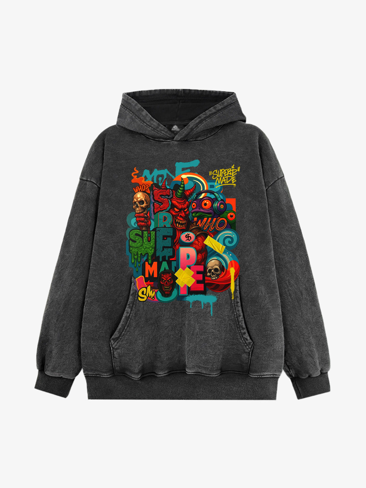 Thesupermade Devil Street Graffiti Carnival Hoodie - Washed Black / M