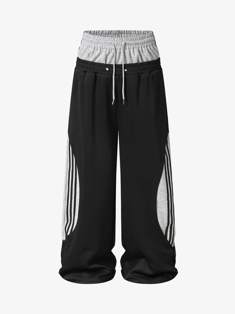 Layered Double-Waistband Wide-Leg Sweatpants - Black / S