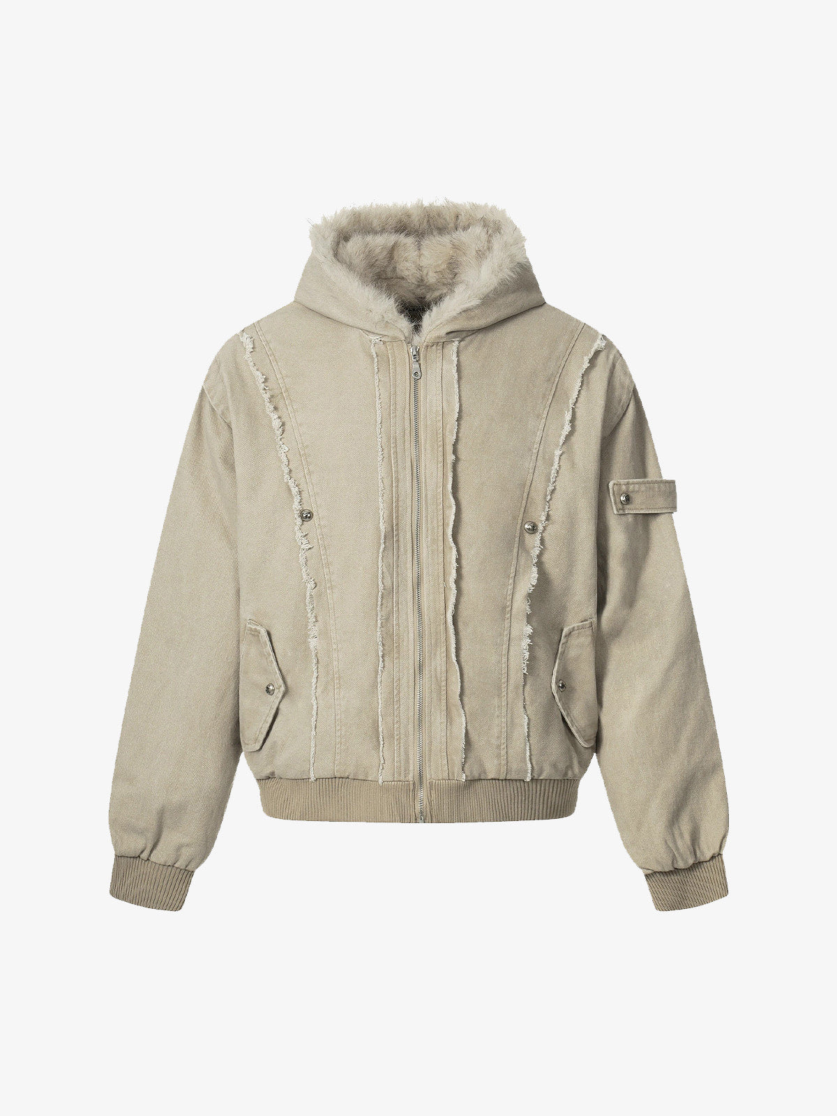 Retro Washed Fleece-lined Hooded Work Jacket - Apricot / S