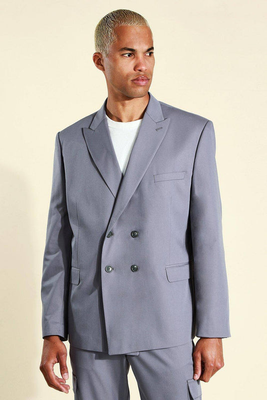 Men's Oversized Double Breasted Suit Jacket | Slate | Size 38 | BOOHOOMAN