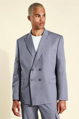 Men's Oversized Double Breasted Suit Jacket | Slate | Size 36 | BOOHOOMAN