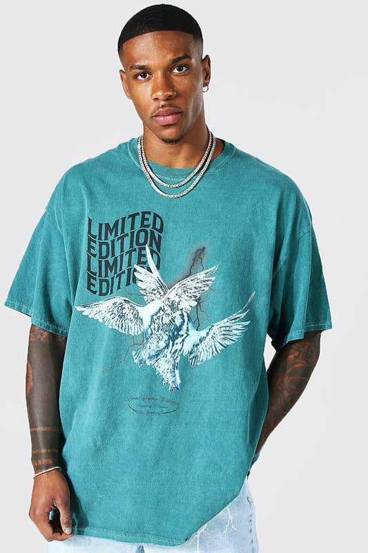 Men's Oversized Washed Dove Graphic T-Shirt | Green | Size Small | BOOHOOMAN