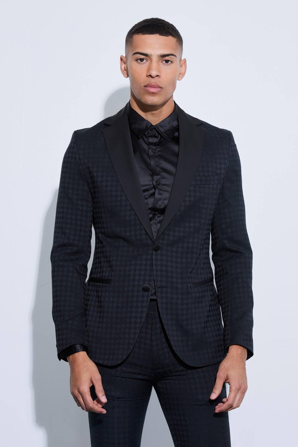 Men's Tonal Houndstooth Single Breasted Jacket | Black | Size 40 | BOOHOOMAN