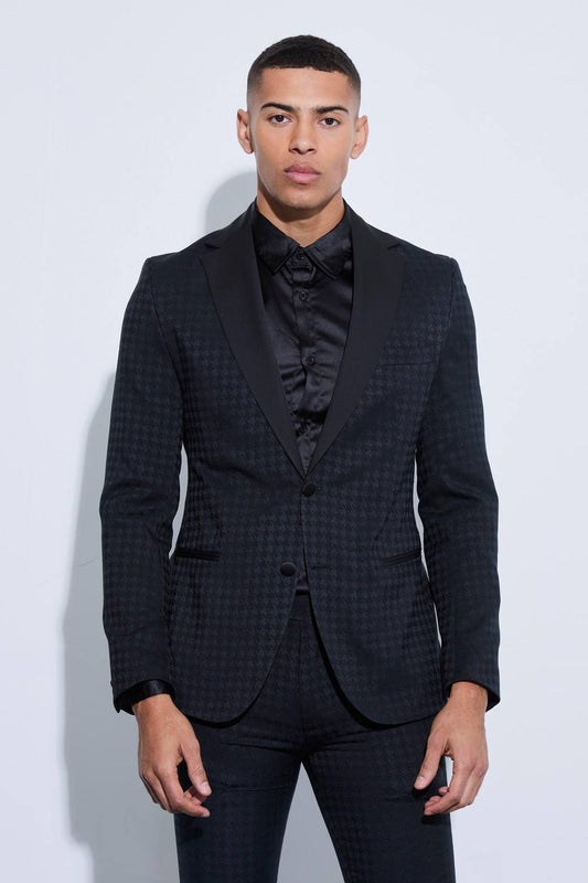 Men's Tonal Houndstooth Single Breasted Jacket | Black | Size 40 | BOOHOOMAN