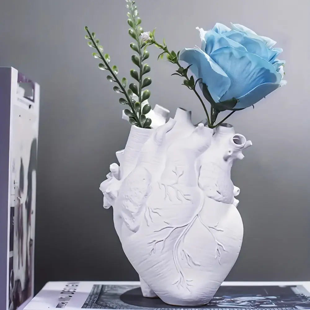 White anatomical heart vase with colorful flowers for living room - WHITE