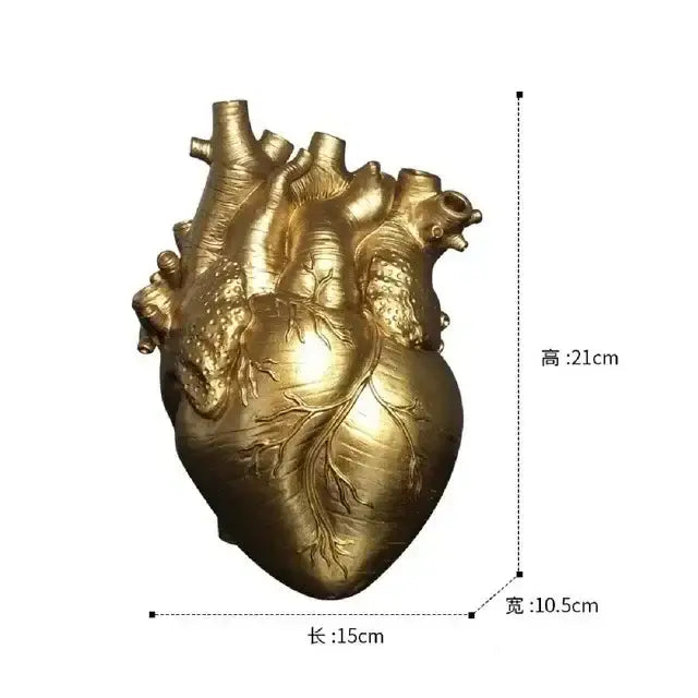 White anatomical heart vase with branches for living room decor - gold M 21cm