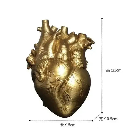 White anatomical heart vase with branches for living room decor - gold M 21cm