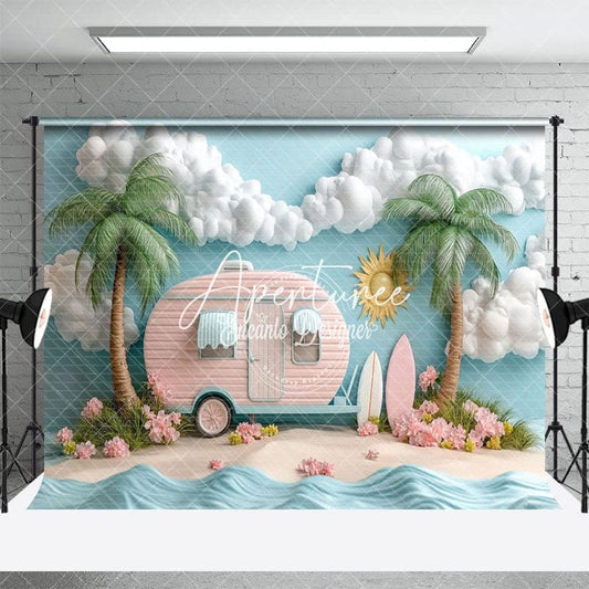 Aperturee Beach Tiki Bar Platter Scene Pink Trailer Backdrop, 3X2FT(1MX0.6M), 14 USD, birthday cake smash backdrops, ENHD8J25-M