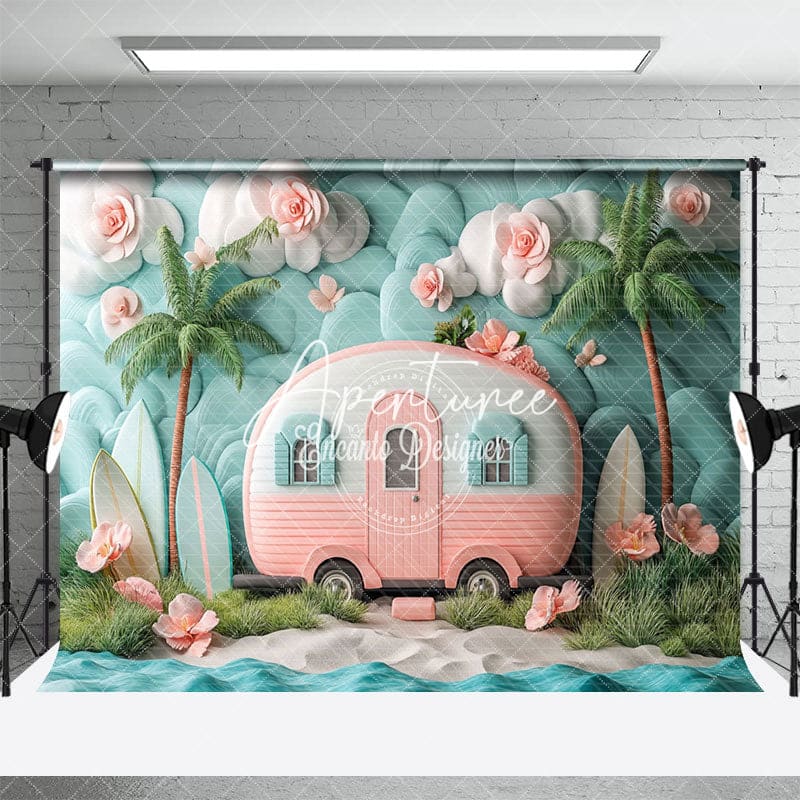 Aperturee Dream California Camping Scene Pink Trailer Backdrop, 3X2FT(1MX0.6M), 14 USD, birthday cake smash backdrops, ENHD8J24-M